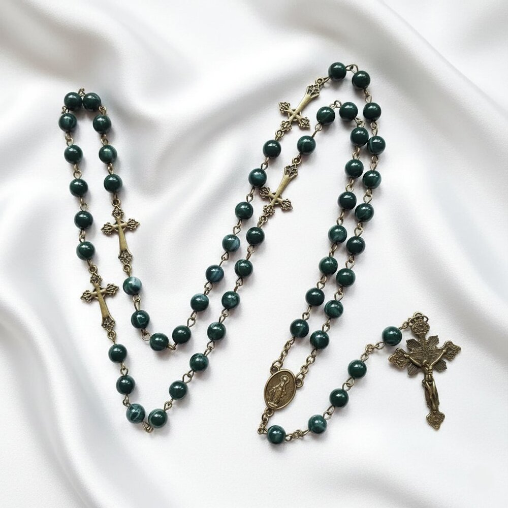 Dark Green Beaded Rosary Antique Brass Crosses Necklace NWOT - Picture 10 of 10